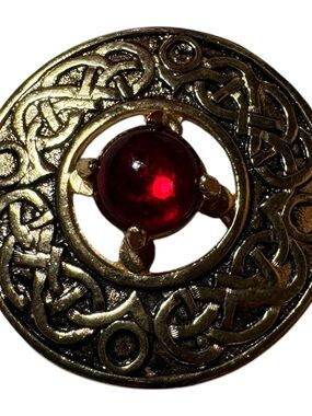 Celtic-Inspired Gold Tone Brooch with Red Cabochon